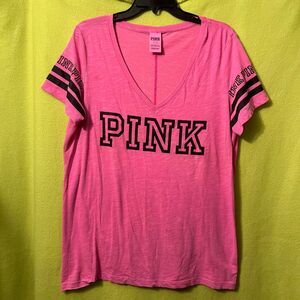 VS PINK V-Neck Short Sleeve Tee Shirt Black Bright Striped Large